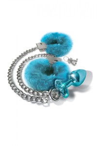 NIXIE METAL BUTT PLUG & FURRY HANDCUFF SET, MEDIUM,Â BLUE METALLIC