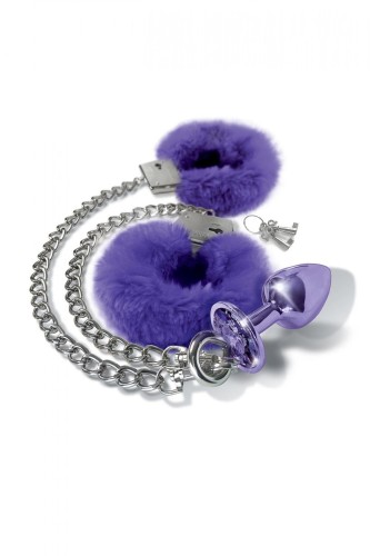 NIXIE METAL BUTT PLUGÂ & FURRY HANDCUFF SET, MEDIUM, PURPLE METALLIC
