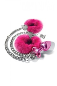 NIXIE METAL BUTT PLUGÂ & FURRY HANDCUFF SET, MEDIUM, PINK METALLIC