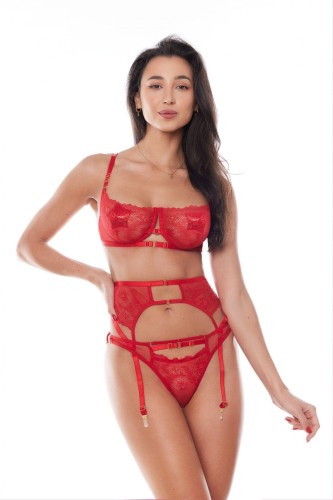 AMOURA SET RED (bra,belt,string/biustonosz, pas, stringi) XXL/XXXL